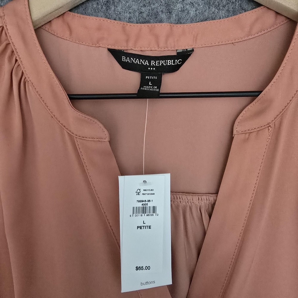 Banana Republic Blouse Women L Petite Pink Amaretti Button V Neck Cap Sleeve Top - Picture 6 of 11